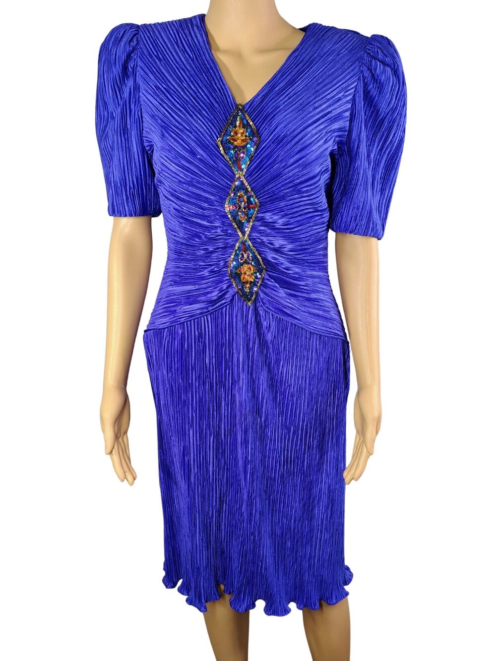 80s Royal Purple Micro-pleat Plissé Accordion Textured Bodycon Midi Dress SZ S
